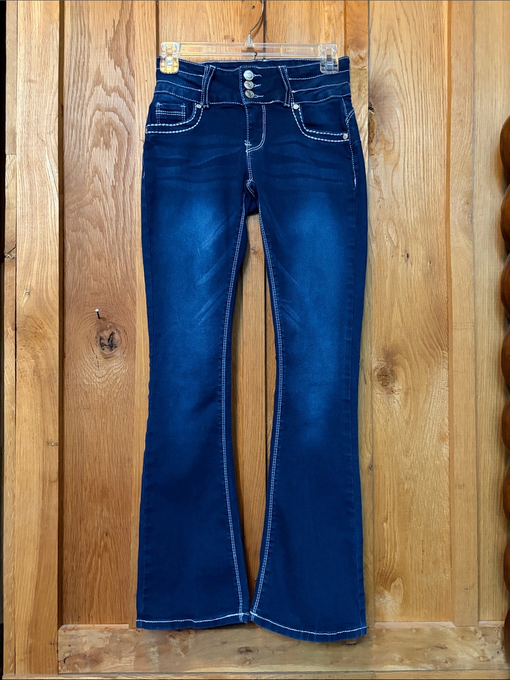 BAMBOO Dark Blue Wash Bootcut Mid Rise Jeans Size 1 Triple Button & Zipper Waist